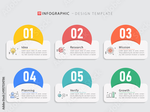 Business infographic template. 6 Step timeline journey. Process diagram, 6 options on white background, Infograph elements vector illustration.