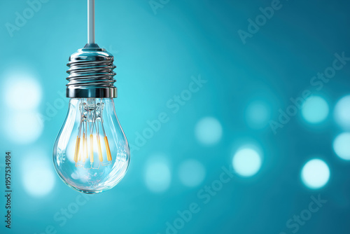 A single glowing vintage filament light bulb hanging against a vibrant teal blue blurred background