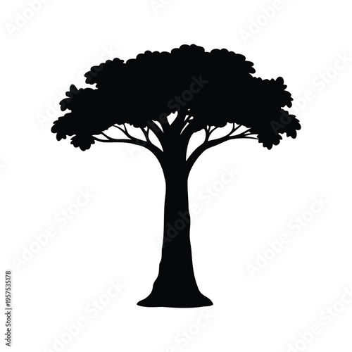 Silhouette of a large tree with wide branches and dense foliage, vector illustration, jungle tree trunk silhouette vector illustration