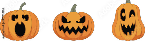 Set of Halloween pumpkin jack o lantern icons, scary and funny carved faces, vector