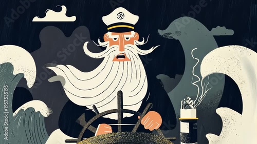 Captain Cartoon Style: Bearded Sailor Navigates Stormy Seas with Ship Steering Wheel in Lively Ocean Tableau