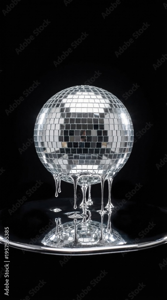 Fototapeta premium A silver disco ball dripping liquid chrome onto a reflective surface against a dark background. This surreal pop image evokes melting party vibes. Perfect for music posters or creative ads.