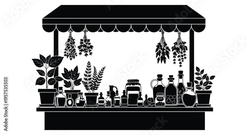 A detailed black silhouette of a market stall displaying herbs plants and apothecary bottles silhouette high quality professional modern elegant stylish