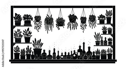 A detailed black and white illustration portrays a shelf filled with plants and bottles shown as a silhouette high quality professional