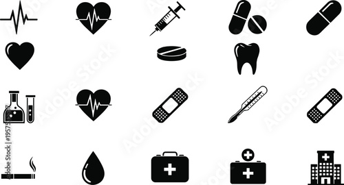 Black medical health icons vector illustration with heartbeat, syringe, pills, tooth, bandage, thermometer, hospital and first aid kit