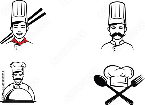 Chef icons vector illustration with hats, mustache, serving dish, chopsticks, spoon and fork, culinary cooking restaurant branding artwork