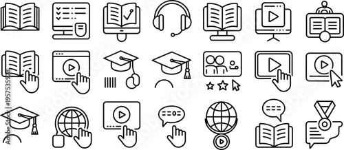 Online education icons set, e-learning and digital study symbols, video course line art vector