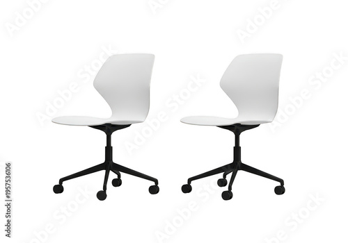 Two modern white office chairs with ergonomic curved shells and black five-star swivel bases