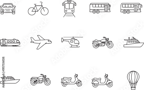 Set of Public Transportation related icons. Minimal flat graphic transport symbol.