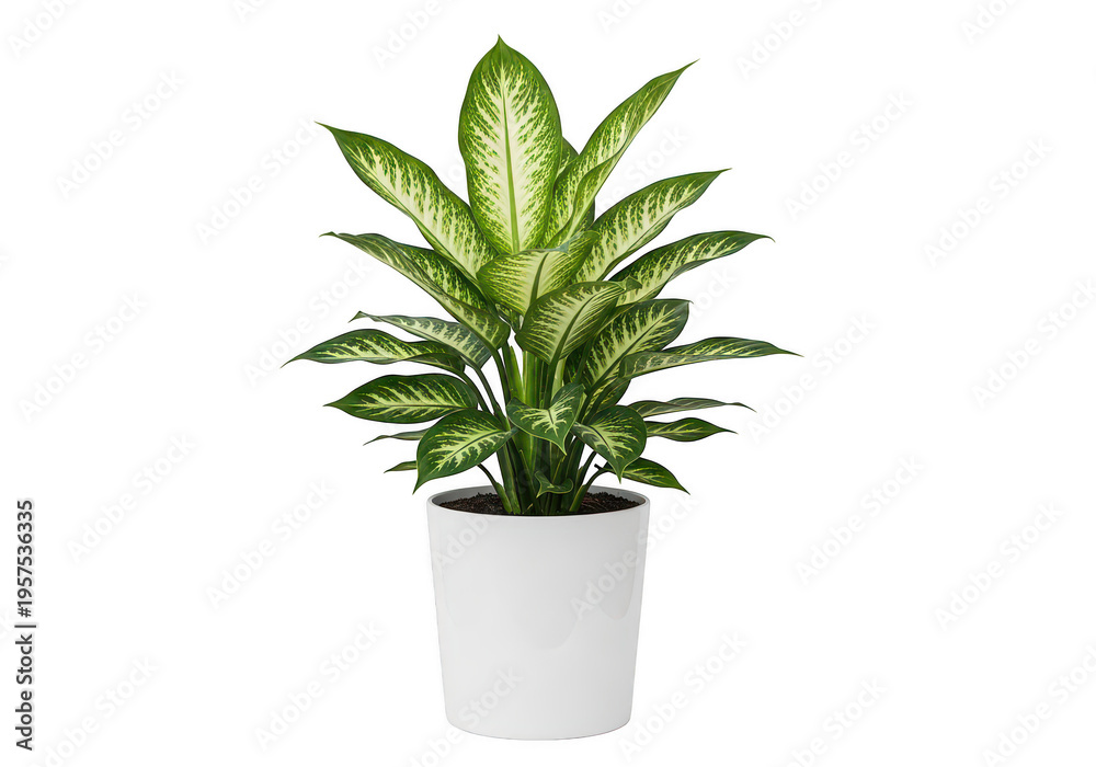 Obraz premium A vibrant dieffenbachia plant with large variegated green and cream leaves in a white ceramic pot