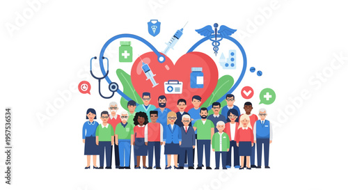Diverse Community Group United for Health and Wellness, Surrounded by Medical Symbols Representing Healthcare Support and Public Health Initiatives