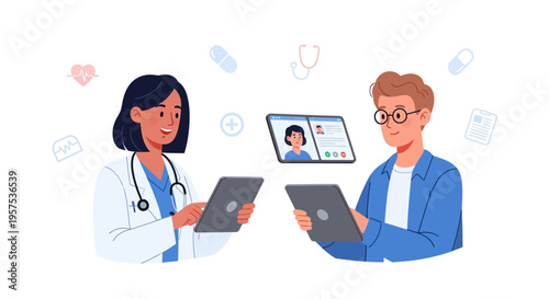 Telemedicine Concept: Doctor and Patient Online Consultation via Tablet. Virtual Healthcare Services & Remote Medical Support.
