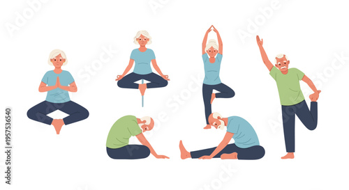 Active Senior Citizens Practicing Yoga and Stretching Poses. Elderly Men and Women Exercising for Health and Wellness.
