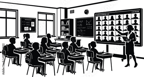 Hybrid Classroom Learning Scene Silhouette with Teacher Students and Virtual Online Class Screen Digital Education Technology Concept Illustration