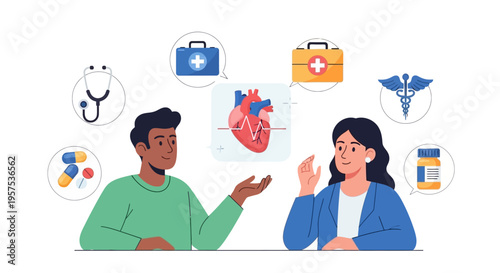 Healthcare Discussion & Heart Health Consultation with Medical Icons