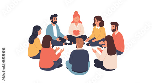 Group Therapy and Support Circle. Diverse People Sharing Empathy and Connection with a Heart Symbol.
