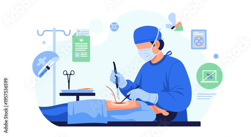 Skilled Surgeon Performing Operation on Patient in Modern Hospital Operating Room - Medical Procedure Illustration