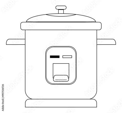 Ilustración de arrocera hogareña en blanco y negro. Icono de comida caliente.  Vector para sitio web, folleto, app, restaurante, comercio, comida rápida y otros.