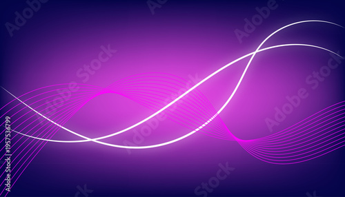 Abstract glowing pink and white wave lines on a purple gradient background, smooth flowing curves with futuristic neon light effects, elegant digital design for technology, presentations, and modern