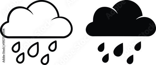 Two simple cloud one outlined white one solid black with falling raindrops weather symbol precipitation