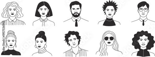 Diverse group of professional avatar icons, line art portraits of men and women, minimalist characters