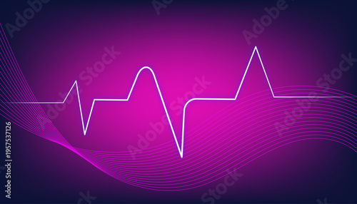 Abstract glowing pink and white wave lines on a purple gradient background, smooth flowing curves with futuristic neon light effects, elegant digital design for technology, presentations, and modern