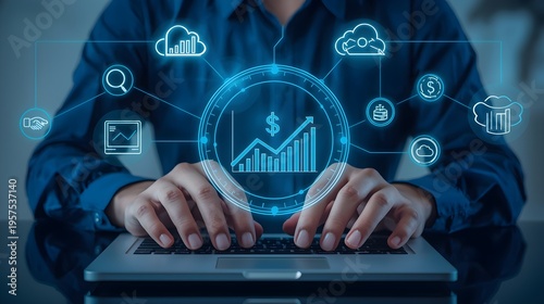 Business professional analyzing financial data with digital dollar sign hologram and futuristic icons