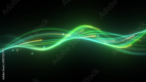 Abstract neon green flowing wave lines glowing particles dark background. Smooth luminous curves forming dynamic equalizer waveform soft bokeh light accents. Futuristic digital wave loop 4K 60fps.