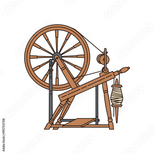 Vintage Wooden Spinning Wheel with Yarn.