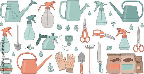 Gardening supplies illustration featuring watering cans, spray bottles, gardening tools, and gloves for planting and nurturing plants