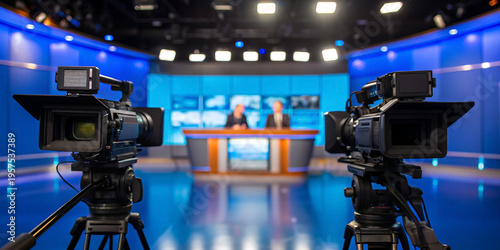 Professional television news studio set with two broadcast cameras anchors desk and blue LED lighting