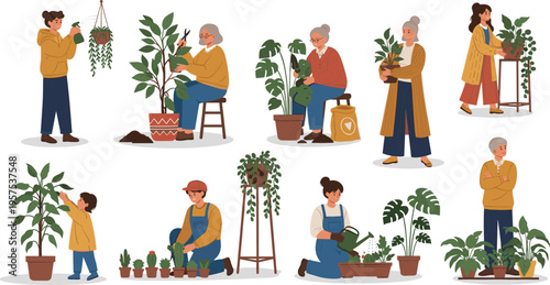 Cultivating Green Spaces: A series of illustrations portraying individuals of diverse ages and backgrounds engaged in the nurturing of thriving plants.
