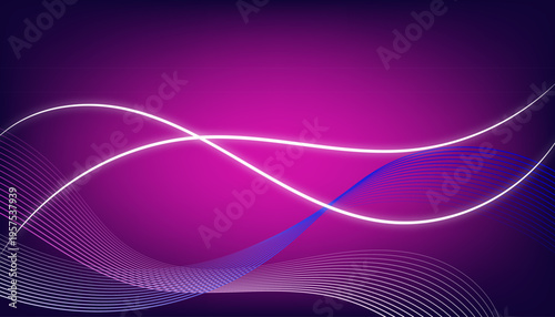 Abstract glowing pink and white wave lines on a purple gradient background, smooth flowing curves with futuristic neon light effects, elegant digital design for technology, presentations, and modern
