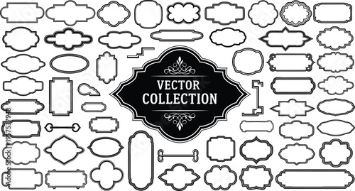 Large collection of vintage frame silhouettes and decorative border shapes for elegant label design product packaging invitations and classic ornamental vector graphics.