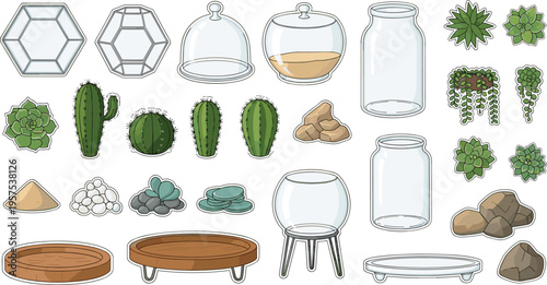 Terrarium Creation Essentials: A charming collection of various terrarium components, including glass containers, diverse plants, and decorative elements. 