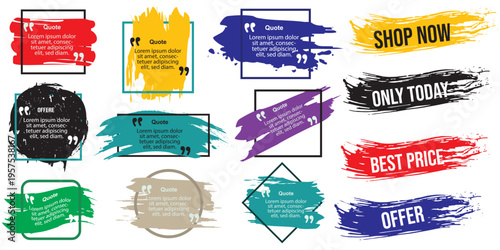 Collection of Quote Box Frames with Grunge Brush. Grunge Brush. Quote frames blank templates set. Text in brackets. Dynamic frames on white background. Colorful banners collection.