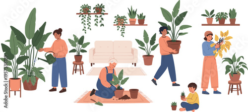 Green Thumb Harmony: A vibrant illustration showcasing individuals in the act of cultivating plants within a cozy indoor setting, highlighting the bond between humans and flora.