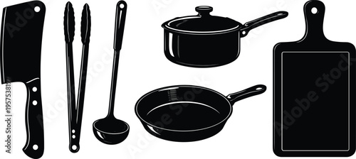 Kitchen Cooking Tools Silhouette Set Featuring Cleaver Tongs Ladle Saucepan Frying Pan and Cutting Board Culinary Equipment Illustration