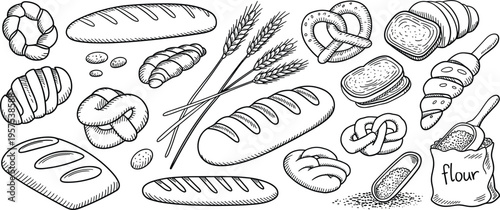 Hand drawn bakery set with bread baguette pretzel croissant wheat flour and engraved pastry elements