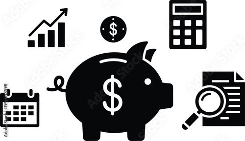 Silhouette vector illustration of piggy bank with financial icons for business and savings concepts