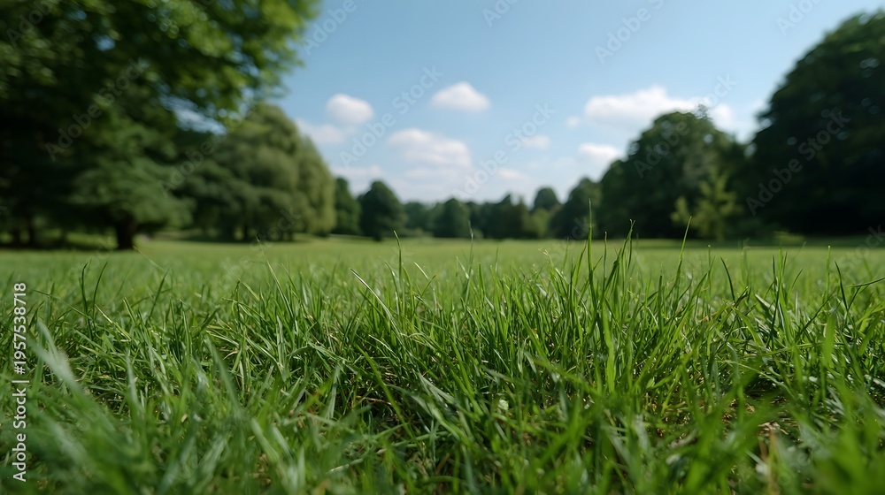 Fototapeta premium A low angle view of green grass in a sunny park with trees and blue sky in the background