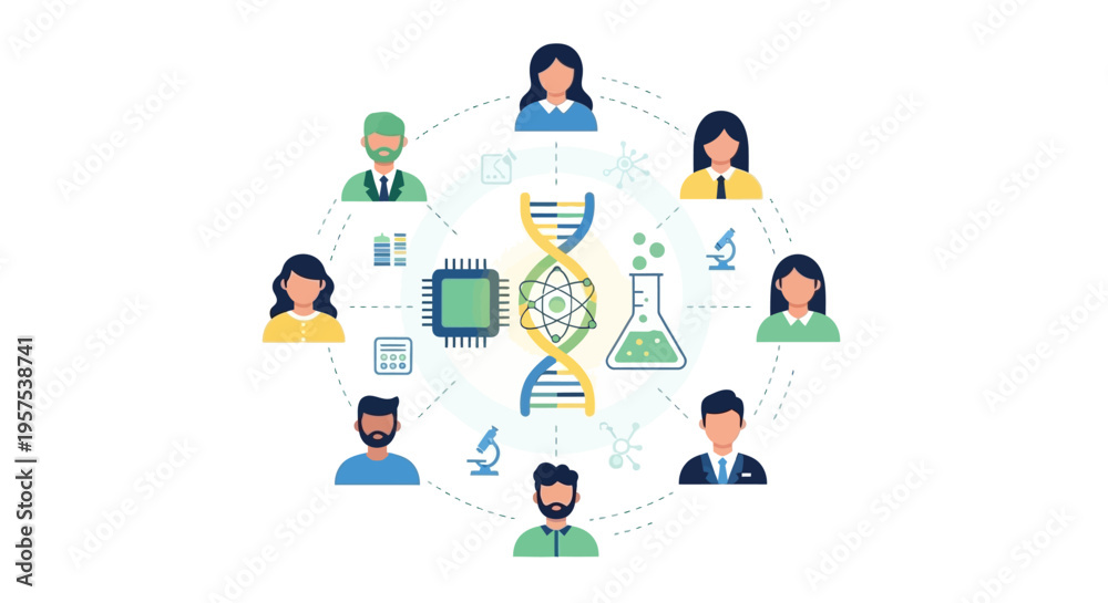 Fototapeta premium Scientific and Technological Collaboration: Diverse Team Innovating in Biotechnology, Genetics, and Research