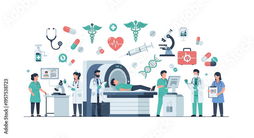 Healthcare & Medical Services Illustration: Doctors, Nurses, Diagnostic Equipment & Patient Care. Modern Hospital Technology & Health System Concept.