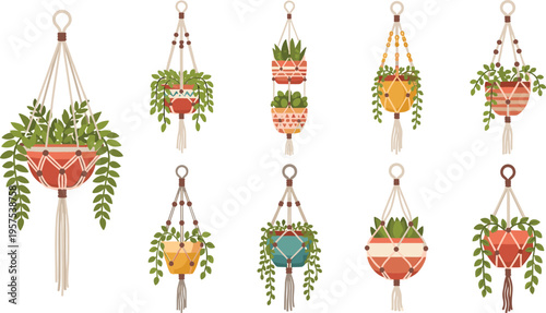 Bohemian plant pots: A collection of meticulously crafted, colorful plant pots suspended, each brimming with lush greenery. Reflecting a blend of bohemian aesthetic and horticultural charm.