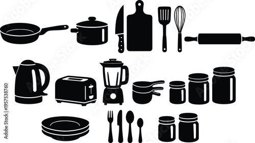 Kitchen Essentials Silhouette Set Featuring Frying Pan Pot Knife Cutting Board Whisk Blender Toaster Jars and Cooking Tools Collection
