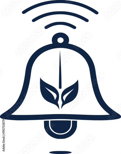 A simple and modern illustration of a notification bell icon with a leaf design and Wi-Fi signal, symbolizing eco-friendly and sustainable digital communication and technology.