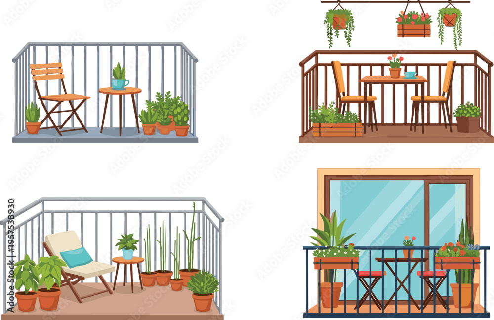 Obraz premium Balcony Oasis Collection: Charming illustrations showcasing inviting balconies adorned with lush plants, elegant furniture, and a tranquil atmosphere. 