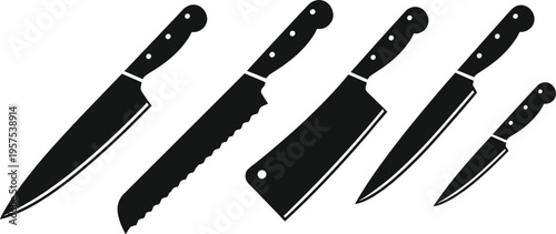 Kitchen Knife Set Silhouette Featuring Chef Knife Bread Knife Cleaver and Paring Knife Cooking Tools Collection Illustration