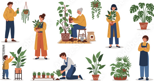 Nurturing Greenery: Diverse individuals embrace their shared passion for plant care, creating a vibrant scene of botanical engagement and tender gardening moments.