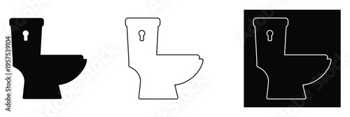 Toilet bowl icon set showing ceramic sanitary hardware for bathroom plumbing in solid black line art and white inverted styles for interior design projects